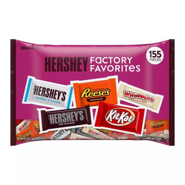 A large bag of Hershey's Factory Favorites Assorted Flavored Snack Size Candy featuring various snack-size chocolate bars, including hershey’s, reese’s, kit kat, and whoppers; 155 pieces label visible.