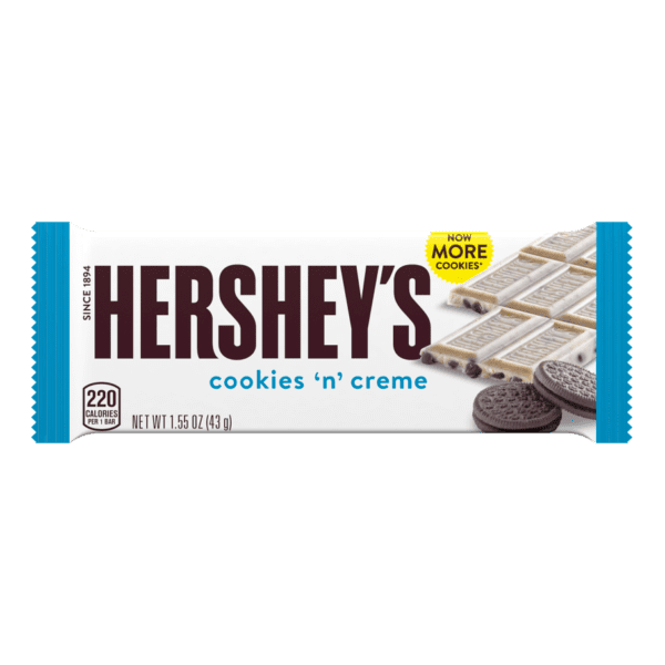 A Hershey's Cookie 'n' Creme Candy Bar packaging, displaying the bar and cookies, with a label showing 220 calories.