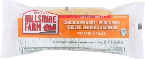 Packaged Hillshire Farm Cheddarwurst Smoked Sausage Wrapped in a Bagel, displaying nutritional information.