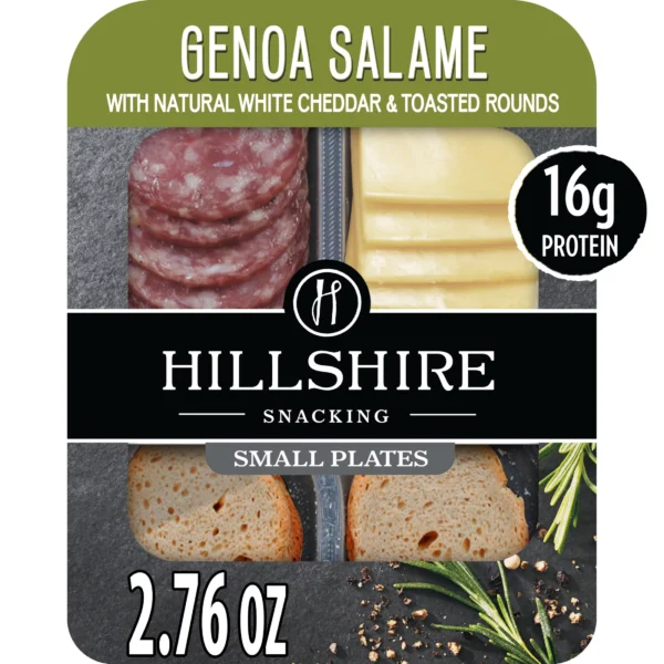 Packaging of Hillshire Snacking Genoa Salami, White Cheddar Cheese, Toasted Rounds Meat Snack Kit labeled "16g protein" and "2.76 oz".