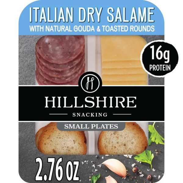 Packaging of Hillshire Snacking Italian Dry Salami and Gouda Cheese Snack Kit featuring protein content and weight.