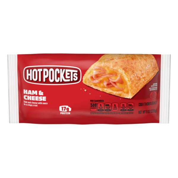 Packaging of a Hot Pockets Ham & Cheese sandwich with nutritional information visible.