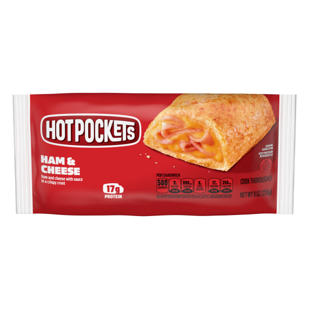 Packaging of a Hot Pockets Ham & Cheese sandwich with nutritional information visible.