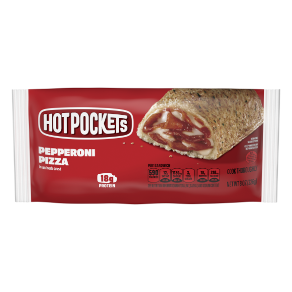 Packaged Hot Pockets Pepperoni Pizza Sandwiches with a slice view showing the filling, displayed on a red and white background.