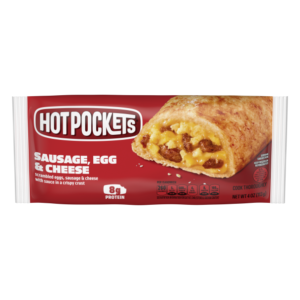 Packaging of Hot Pockets Sausage, Egg & Cheese flavor, showing the product and nutritional information.