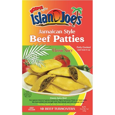 Package of Island Joe's Jamaican Style Beef Patties, Classic Spicy with a classic spicy flavor, featuring an image of golden patties on a vibrant, colorful background.