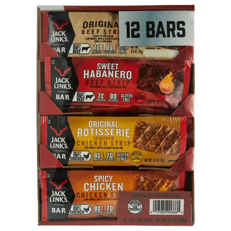 A Jack Link's Bar Variety Pack containing original beef, sweet habanero beef, and spicy chicken flavors, displayed in a box.