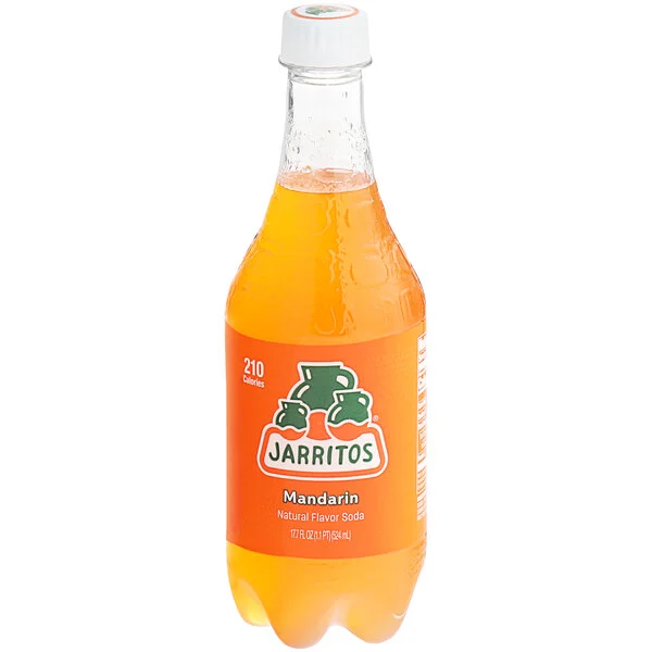 A bottle of Jarritos Mandarin Soda with an orange label, showing the calorie count and volume, on a white background.