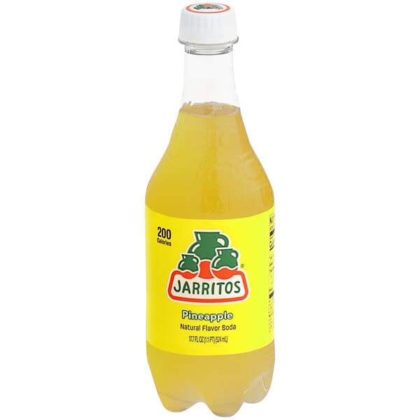 A bottle of Jarritos Pineapple Soda with a clear label and a yellow cap on a white background.