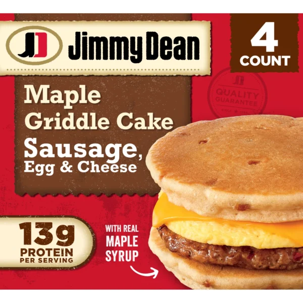 Advertisement for Jimmy Dean Sweet Maple Griddle Cake Breakfast Sandwich, with 13 grams of protein, mentioning inclusion of maple syrup, and a 4-count package.