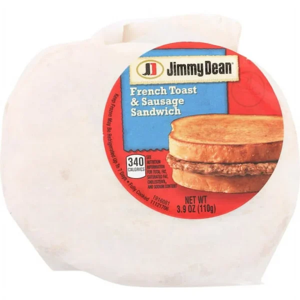 A packaged Jimmy Dean French Toast Sausage Sandwich, showing nutritional information and product label.