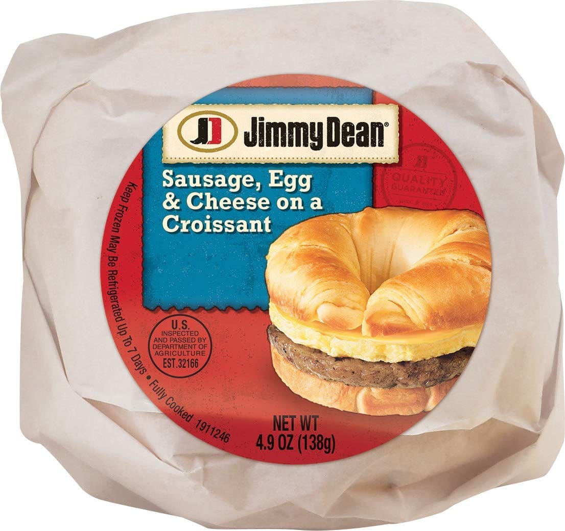 Packaged Jimmy Dean Sausage, Egg & Cheese Croissant Sandwiches in a clear wrapper with brand and product information visible.