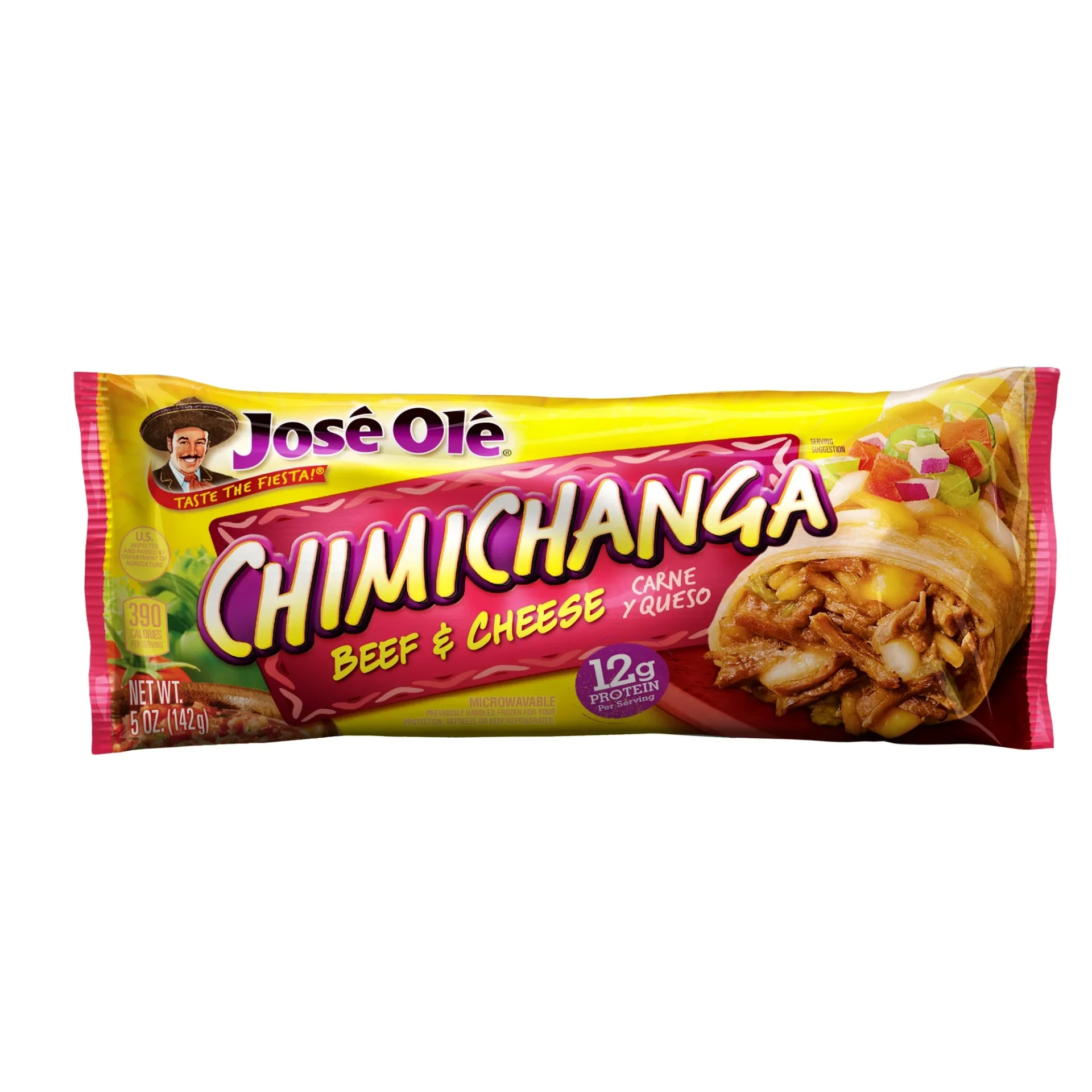 Packaged José Olé Beef & Cheese Chimichanga, showing the product in a colorful wrapper.