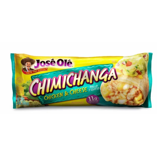 Packaged José Olé Chicken & Cheese Chimichanga, displayed with images of the food on the label.