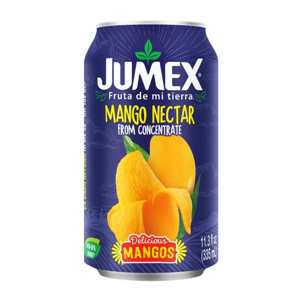 A Jumex Mango Nectar Can displaying a vibrant image of fresh mango slices and the text "mango nectar from concentrate.