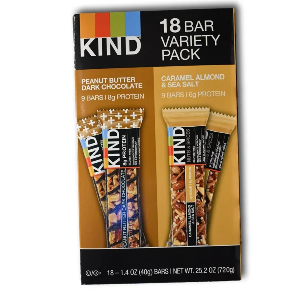 Box of KIND Snack Bars Variety Pack featuring peanut butter dark chocolate and caramel almond & sea salt flavors.