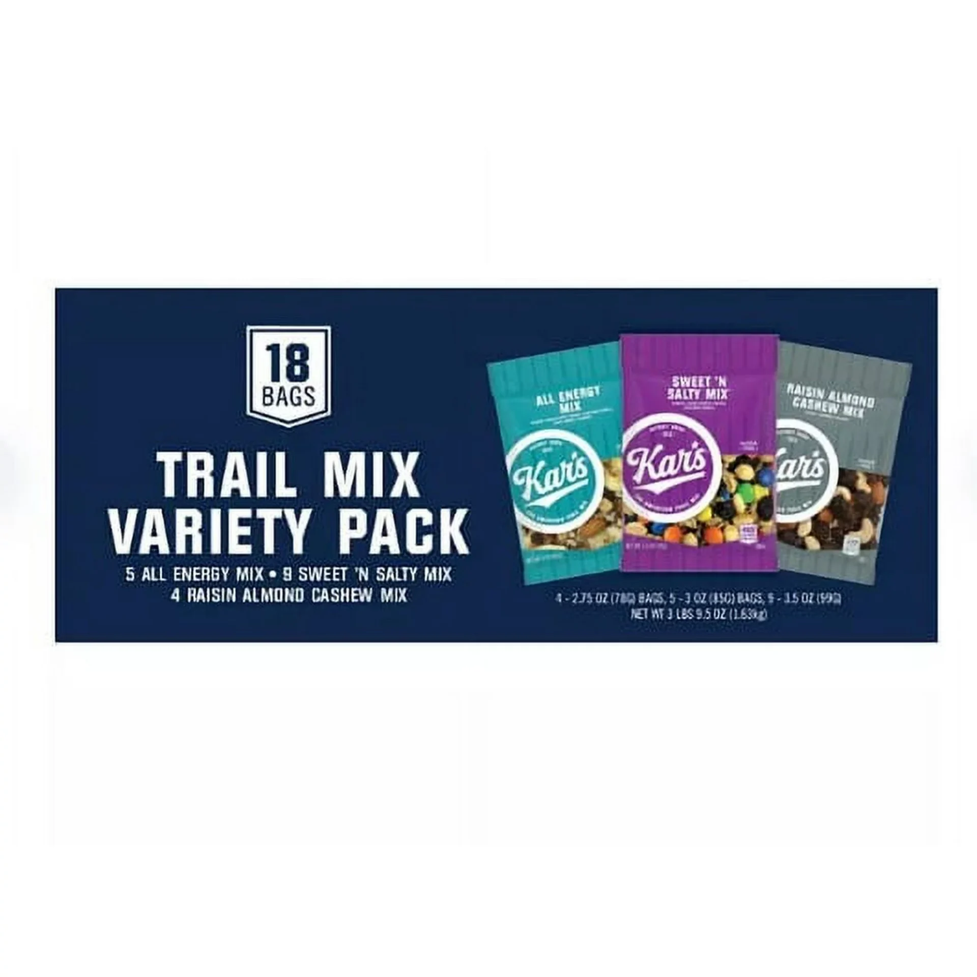 Packaging of Kar's Nut & Fruit Mix Variety Pack featuring 18 bags, including 5 energy mix, 5 sweet 'n salty mix, and 4 raisin almond cashew mix.