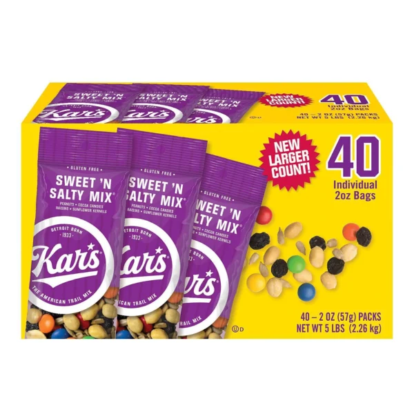 A box of Kar's Sweet 'n Salty Mix, featuring 40 individual purple snack bags, displayed on a yellow background.