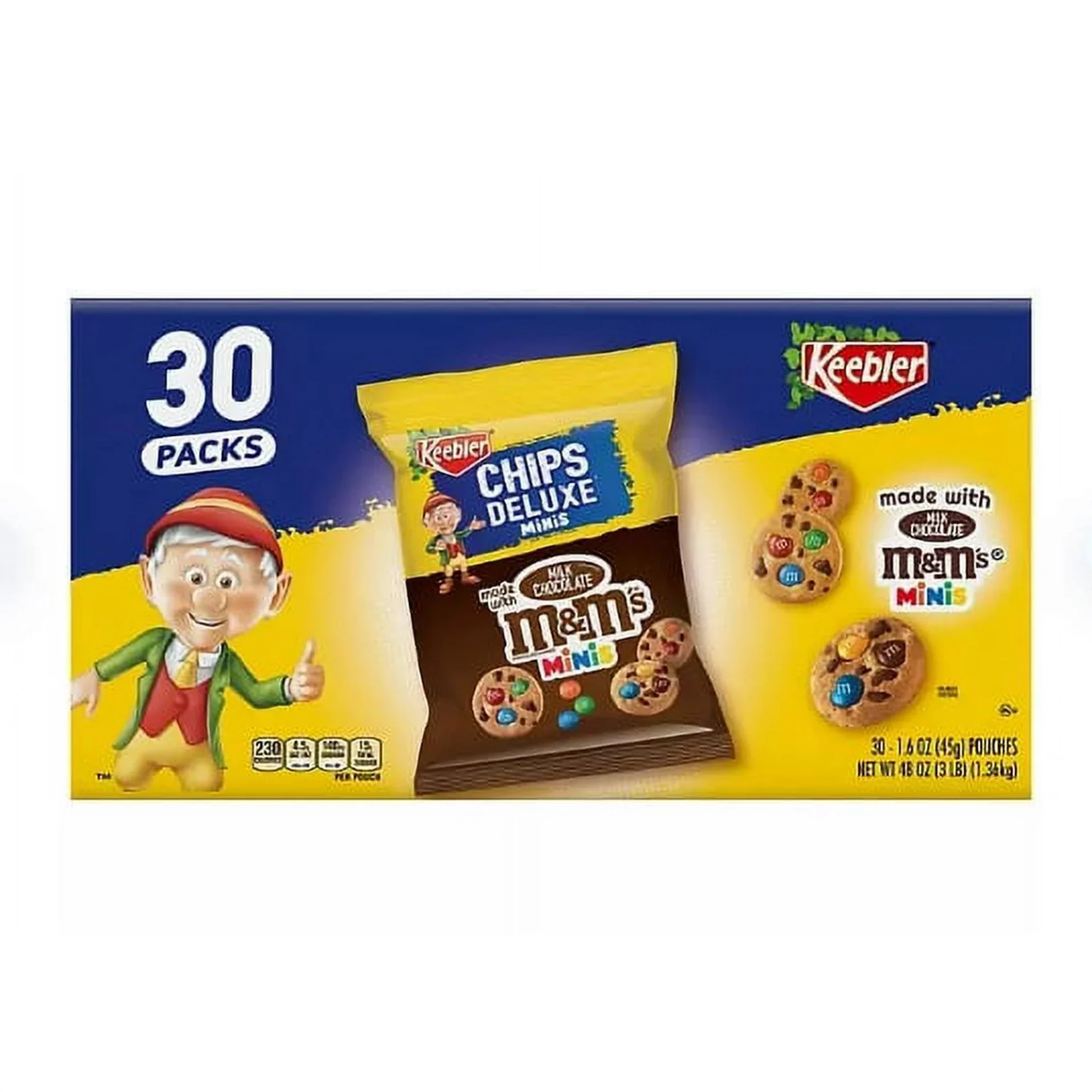 Box of Keebler Chips Deluxe M&M Minis, featuring 30 individual packs and the Keebler elf mascot.