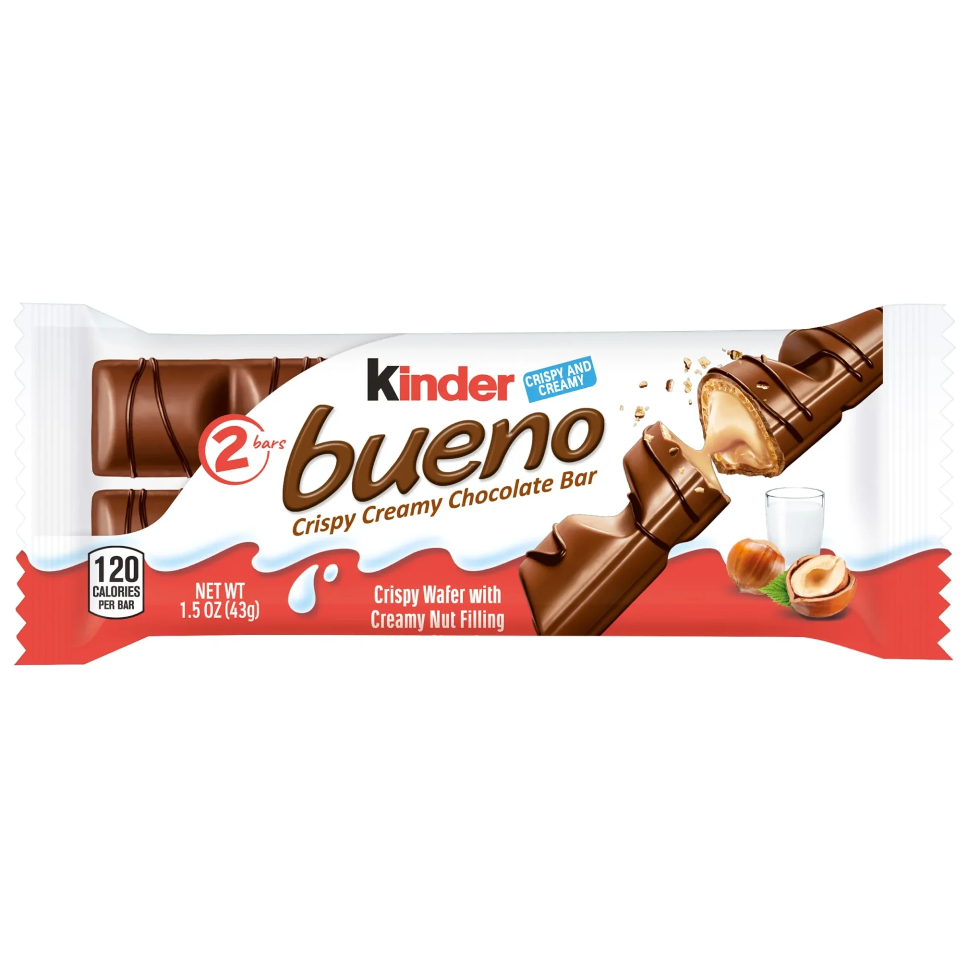 Packaging of a Kinder Bueno Milk Chocolate and Hazelnut Cream Candy Bar with two pieces, illustrating the product and hazelnuts, indicating a creamy nut filling.