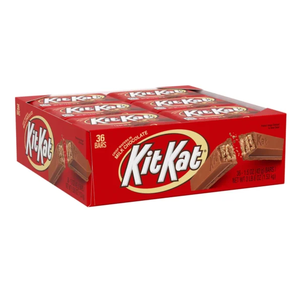 A large box containing 36 KIT KAT Milk Chocolate Wafer Candy Bars, displayed prominently with images of the bars on the sides.