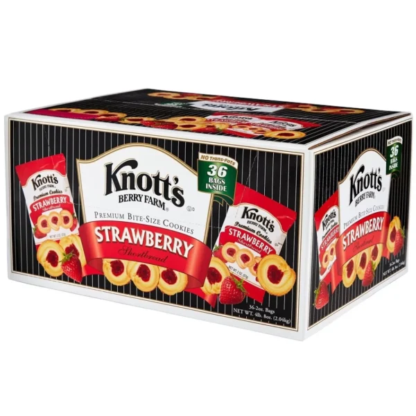 Box of Knott's Berry Farm Strawberry Shortbread Cookies, displaying 36 packs inside.