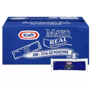 A box of Kraft Real Mayo Mayonnaise Single Serve Pouches containing 200 single-serving pouches, displayed with one pouch in front.