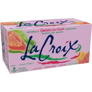 A pack of LaCroix Guava Flavored Sparkling Water Cans, featuring pink and green accents and images of guava fruit.