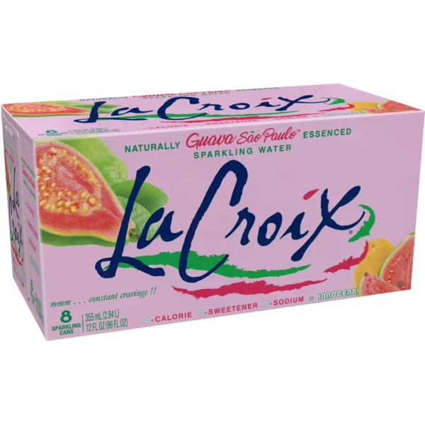 A pack of LaCroix Guava Flavored Sparkling Water Cans, featuring pink and green accents and images of guava fruit.