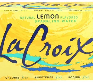 A box of LaCroix Lemon Flavored Sparkling Water Cans containing 8 cans, labeled as calorie-free and sodium-free.