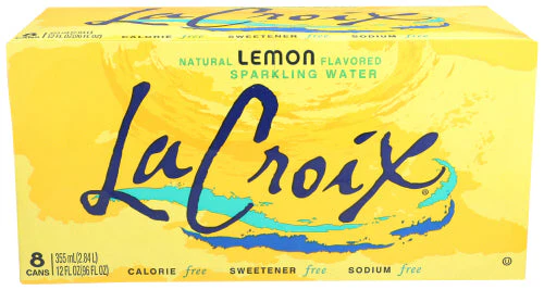 A box of LaCroix Lemon Flavored Sparkling Water Cans containing 8 cans, labeled as calorie-free and sodium-free.