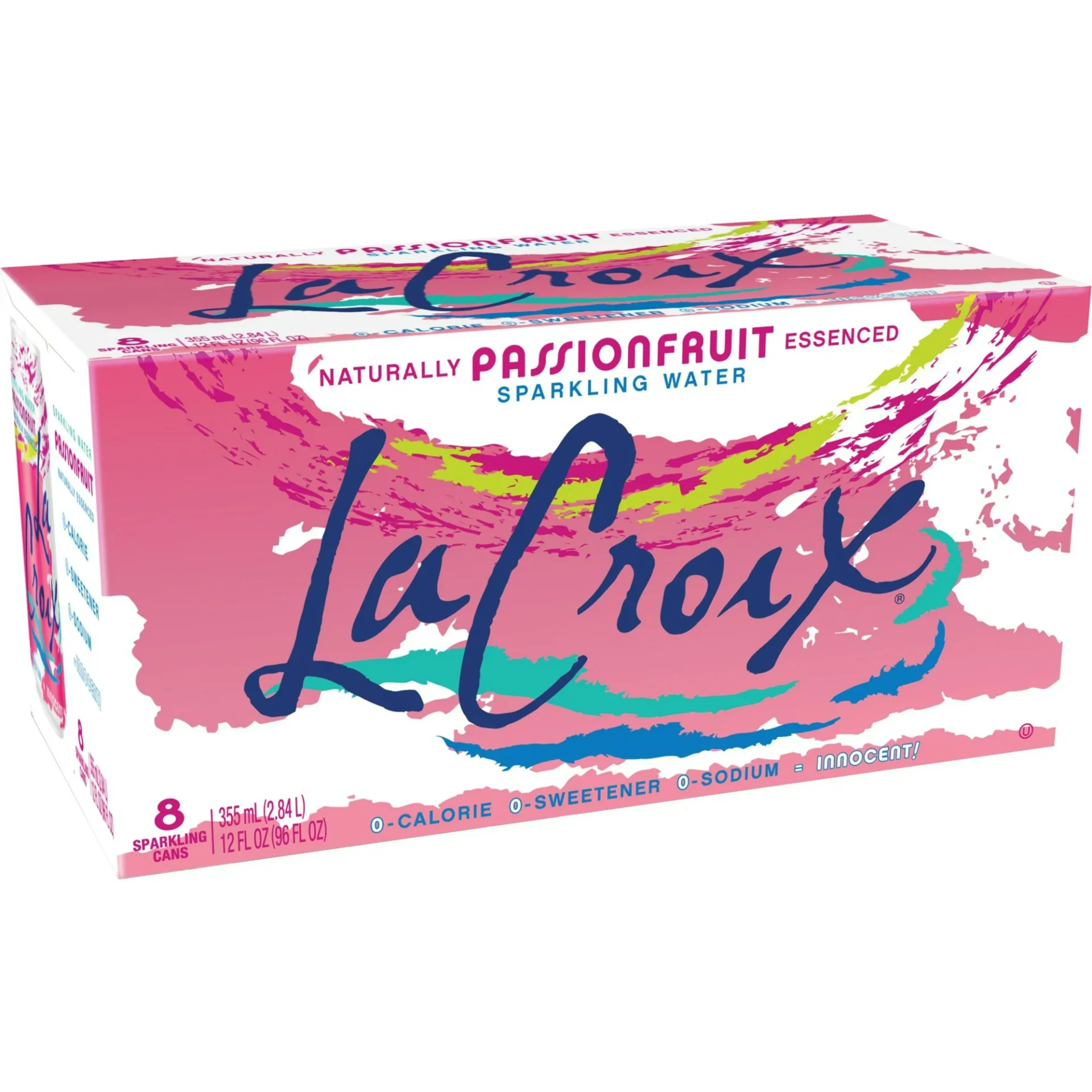 A pack of LaCroix Passionfruit Flavored Sparkling Water Cans with 8 cans, highlighting its zero calories, zero sweeteners, and sodium-free content.