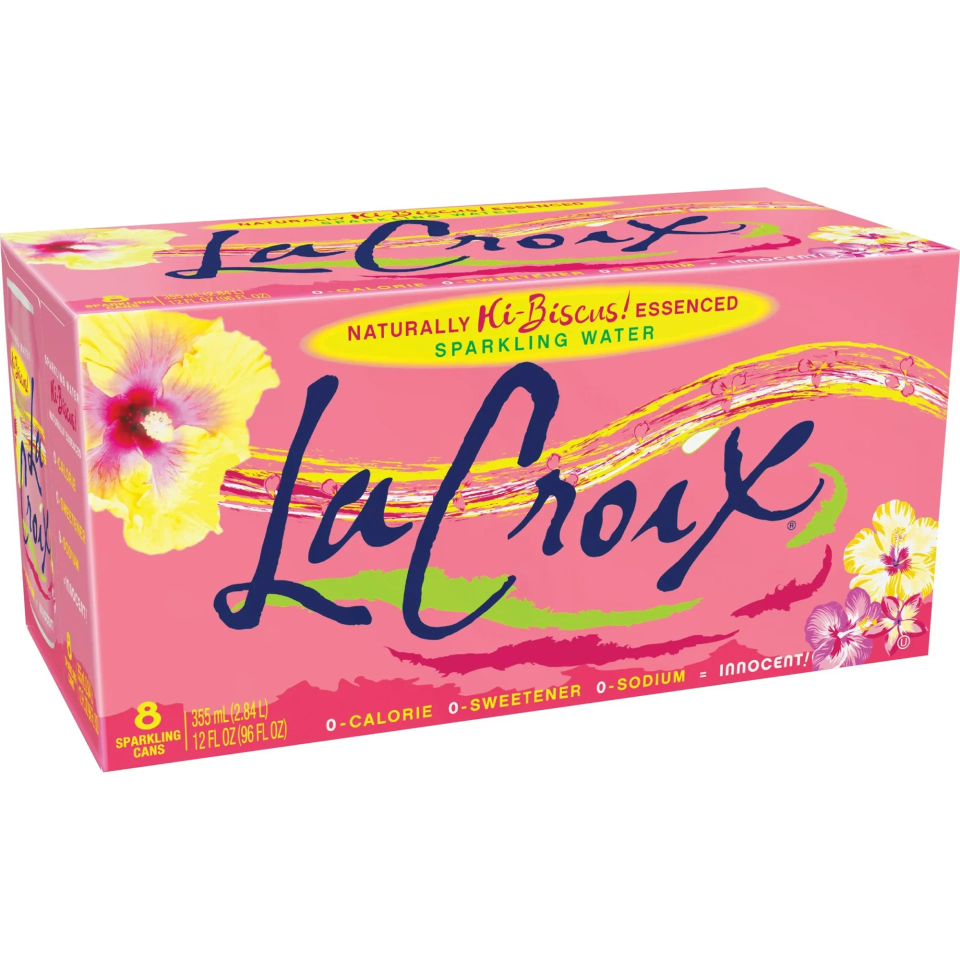 A pink box of LaCroix Hibiscus Flavored Sparkling Water Cans with floral designs, containing 8 cans of 355ml zero-calorie drink.