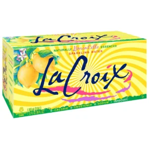 Pack of LaCroix Limoncello Flavored Sparkling Water Cans, showing a yellow and green box containing 8 cans.