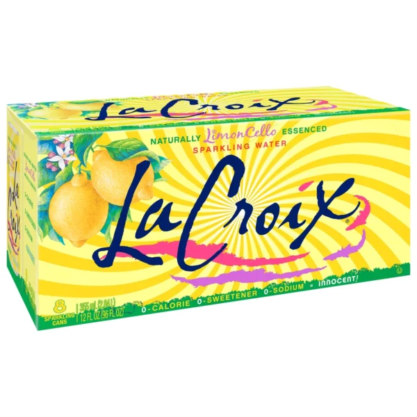 Pack of LaCroix Limoncello Flavored Sparkling Water Cans, showing a yellow and green box containing 8 cans.