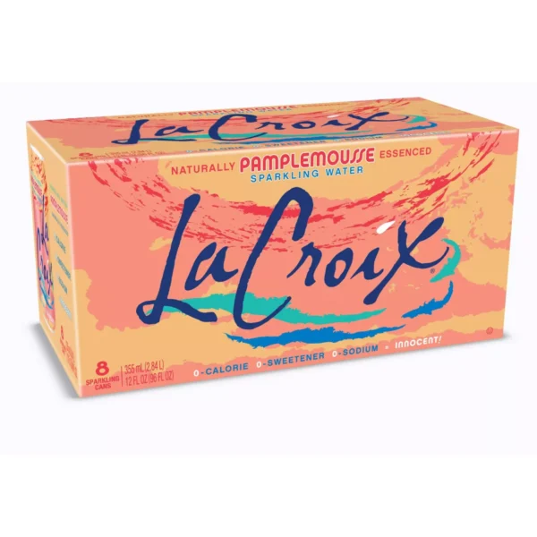 A pack of LaCroix Pamplemousse Flavored Sparkling Water Cans, featuring eight cans in a vibrant orange box with blue and white text.