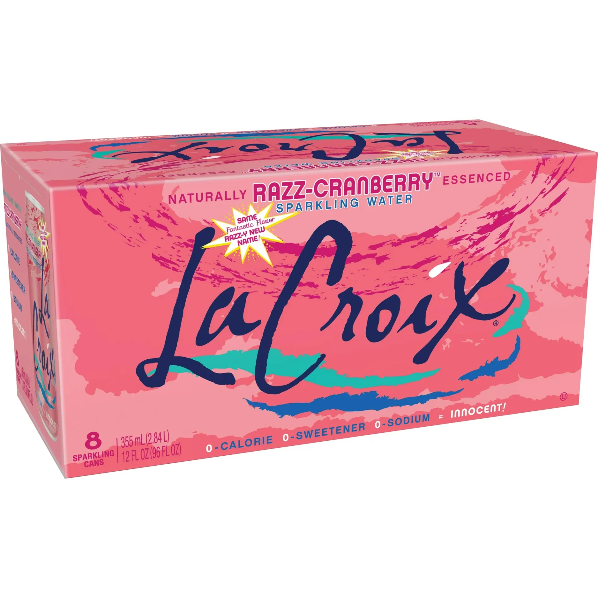 An 8-pack of LaCroix Razz-Cranberry Flavored Sparkling Water Cans in a pink box, highlighting zero calories, no sweeteners and sodium-free.