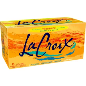 A box of LaCroix Tangerine Flavored Sparkling Water Cans containing 8 cans, with prominent orange and blue branding.