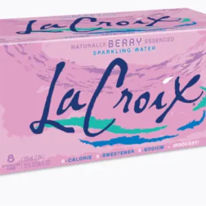 A pink 8-pack of LaCroix Naturally Berry Essenced Flavored Sparkling Water Cans, displaying the product name and nutritional information.