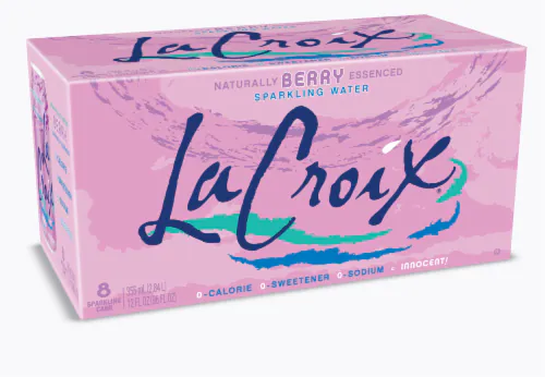 A pink 8-pack of LaCroix Naturally Berry Essenced Flavored Sparkling Water Cans, displaying the product name and nutritional information.