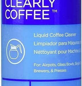 A bottle of Clearly Coffee Pot Cleaner liquid cleaner for coffee machines, with labels in English and Spanish, 14 fl. oz (414 ml) capacity.