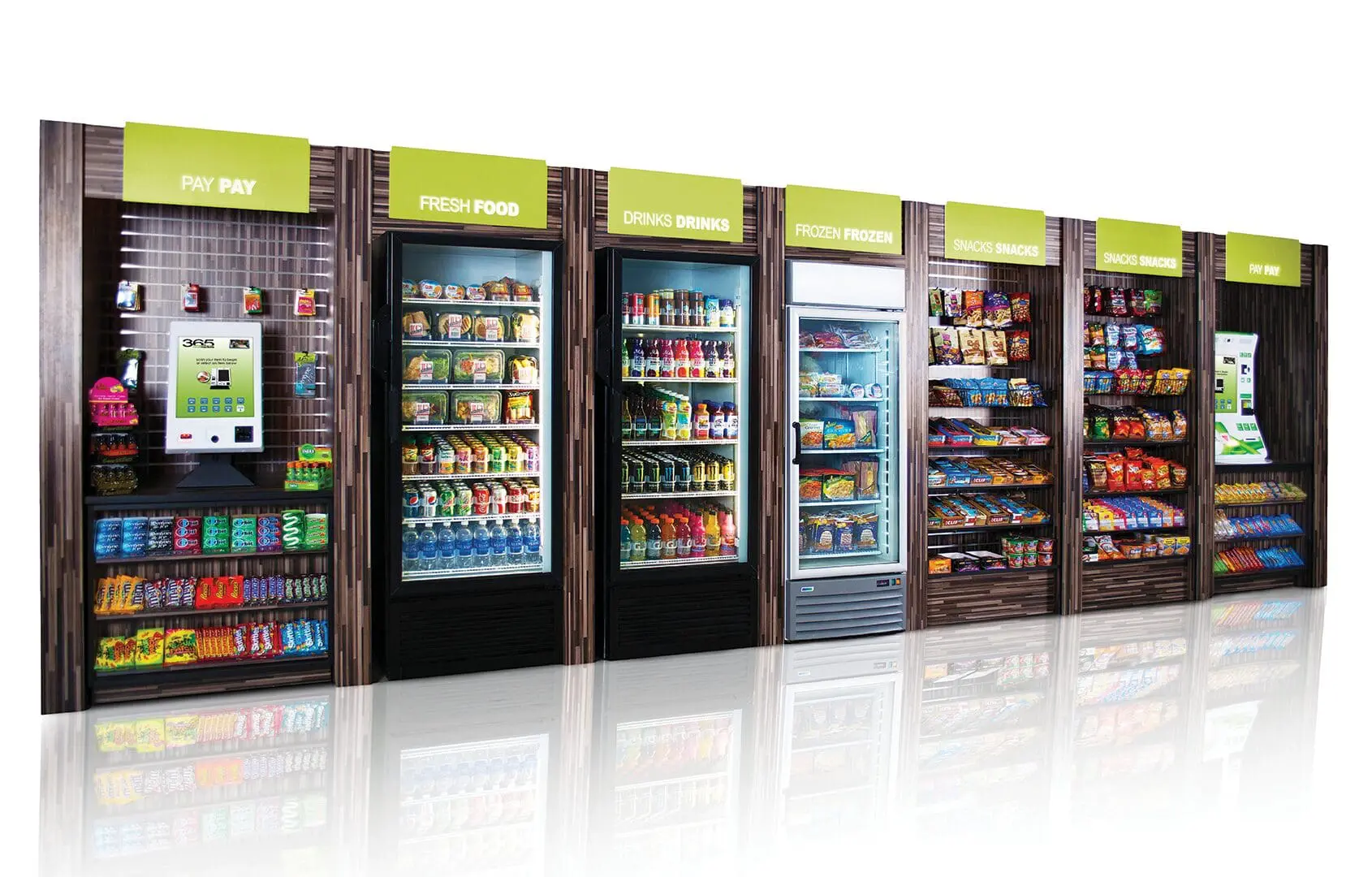 Row of modern vending machines offering various products including snacks, drinks, and frozen food, with digital payment terminals.