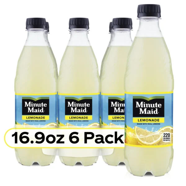 Six pack of Minute Maid Lemonade bottles.