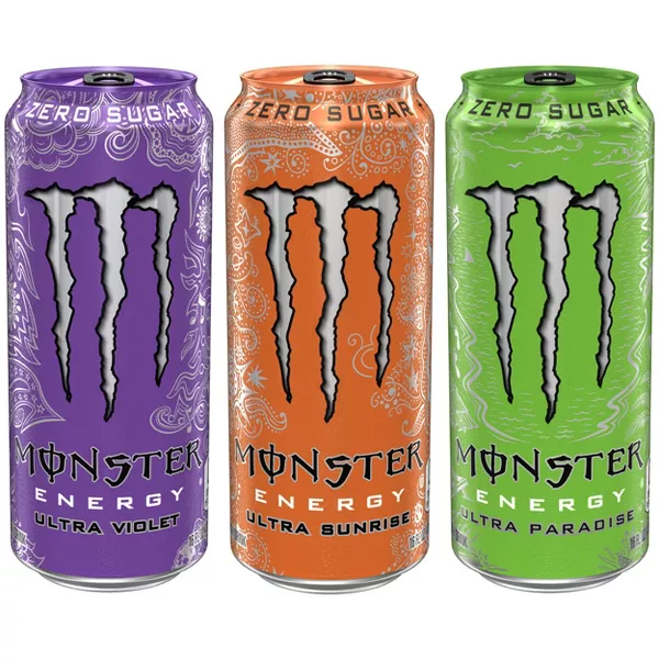 Three Monster Energy Ultra cans: violet, sunrise, paradise.