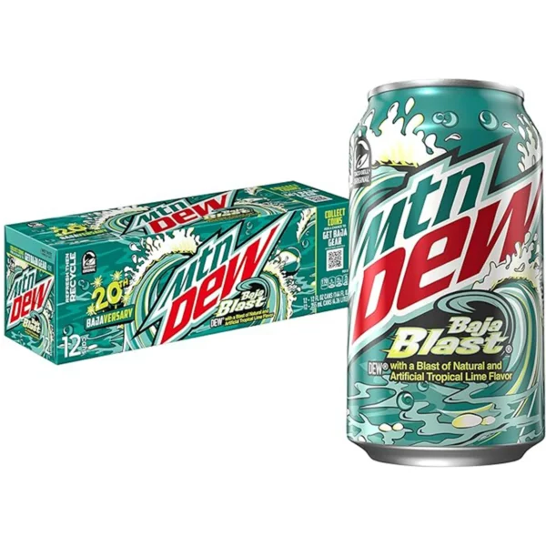 12-pack of Mountain Dew Baja Blast cans.