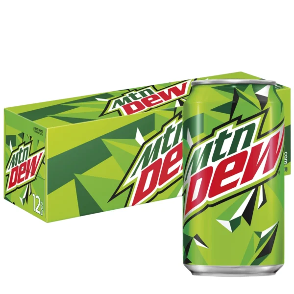 12-pack of Mountain Dew soda cans.