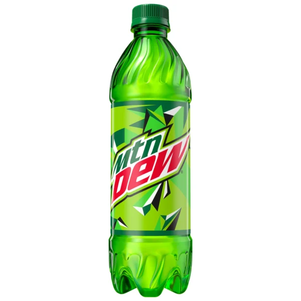 Green bottle of Mountain Dew soda.