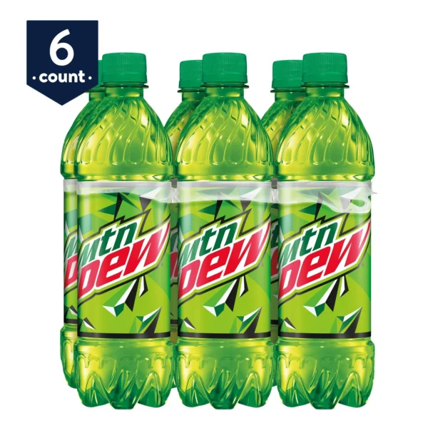 Six-pack of Mountain Dew soda bottles.