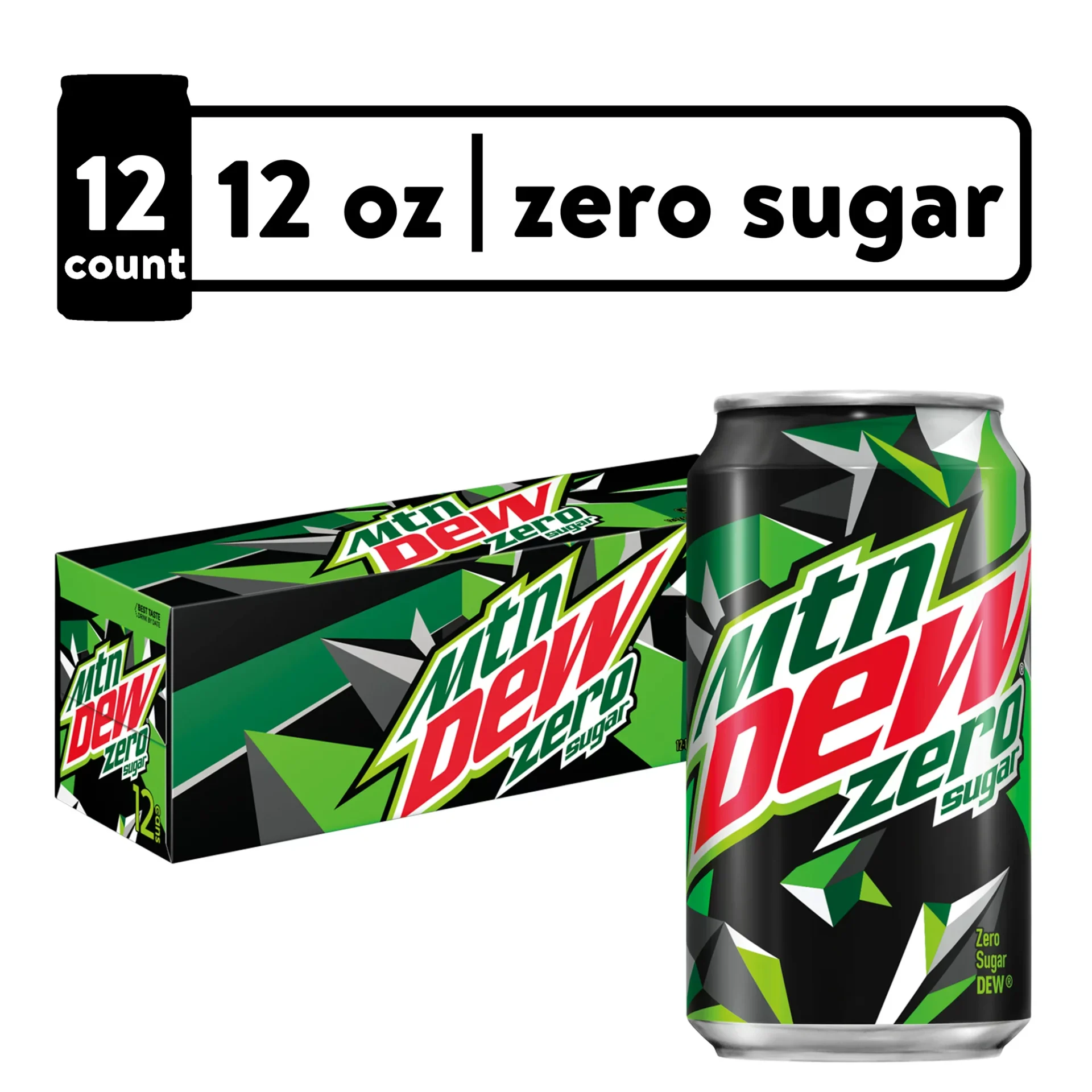 A 12-count box and a can of Diet Mountain Dew Zero Sugar Soda, featuring green and black packaging with bold graphics.