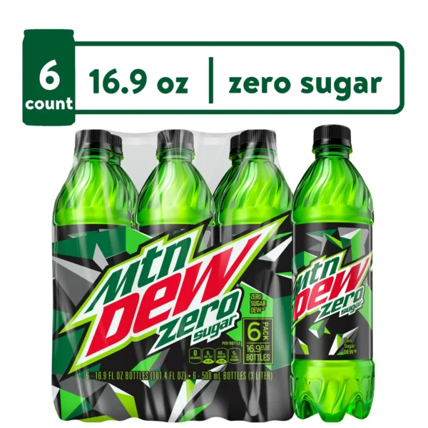 Six-pack of Diet Mountain Dew Zero Sugar Soda Bottles, each containing 16.9 oz, displayed with a green label emphasizing "zero sugar.